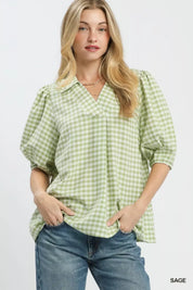 UMGEE Gingham Puff Sleeve Collared Blouse on Simply Obsessed