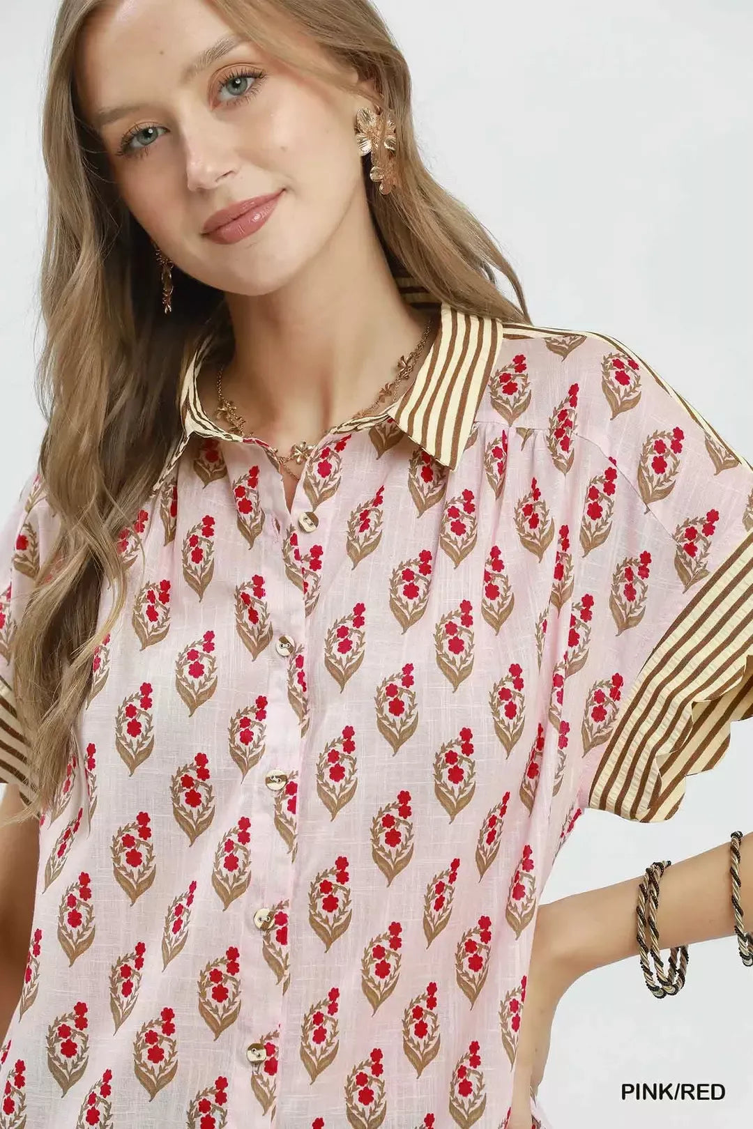 UMGEE Block Print Button-Front Shirt with Contrast Stripe Point Collar on Simply Obsessed