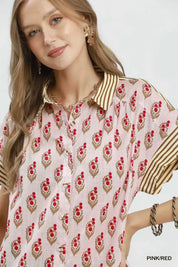 UMGEE Block Print Button-Front Shirt with Contrast Stripe Point Collar on Simply Obsessed