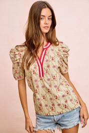 BIBI Floral Gather Sleeves Contrast Neckband Blouse Top on Simply Obsessed