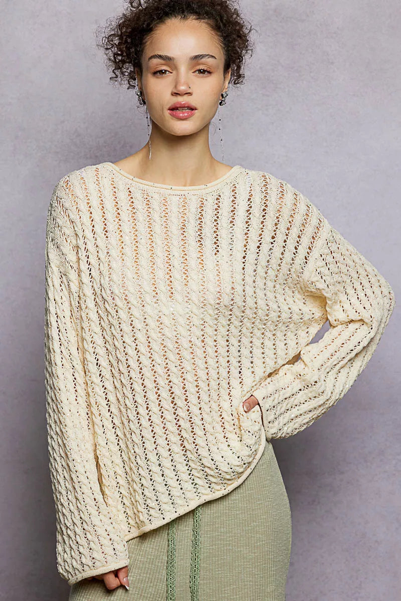POL Openwork Round Neck Knit Top with Shiny Detail on Simply Obsessed