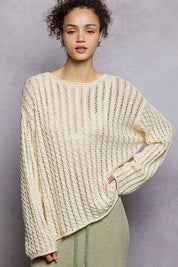 POL Openwork Round Neck Knit Top with Shiny Detail on Simply Obsessed