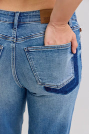 JUDY BLUE Full Size Mid Rise Bf Patch & Repair Destroy Release Hem Jeans Plus Size on Simply Obsessed
