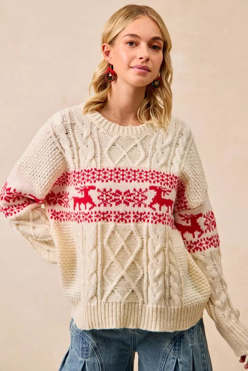 BIBI Christmas Theme Patterned Cable Knit Sweater on Simply Obsessed