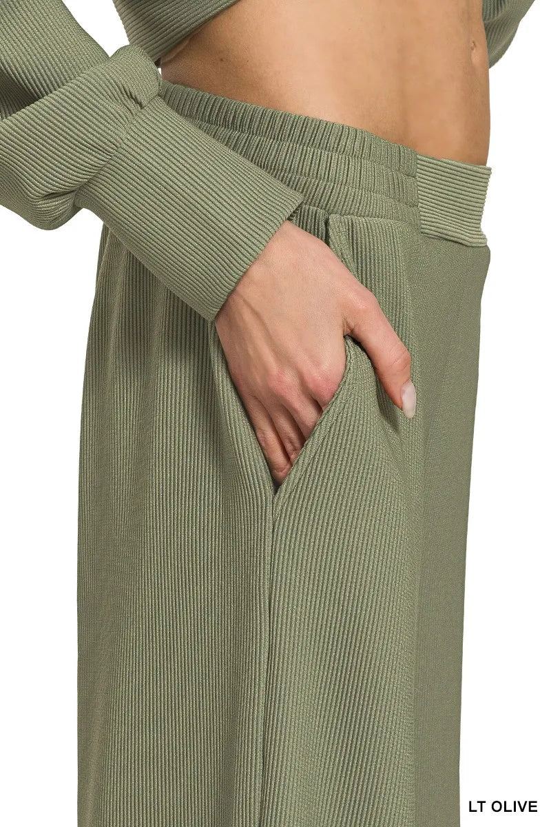 Zenana Ribbed High Neck Half Zip Pullover & Pants Set on Simply Obsessed