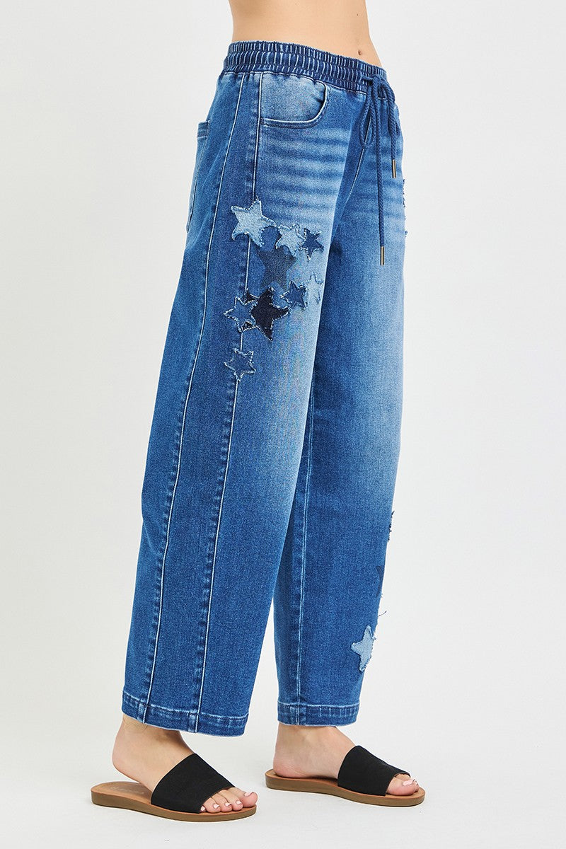 RISEN Elastic Band Slouchy Cropped Barrel with Star Patch on Simply Obsessed