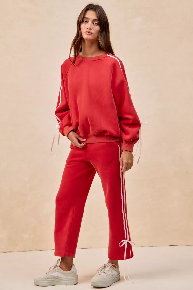 BiBi Side Lined Bow Details Fleece Sweatpants on Simply Obsessed