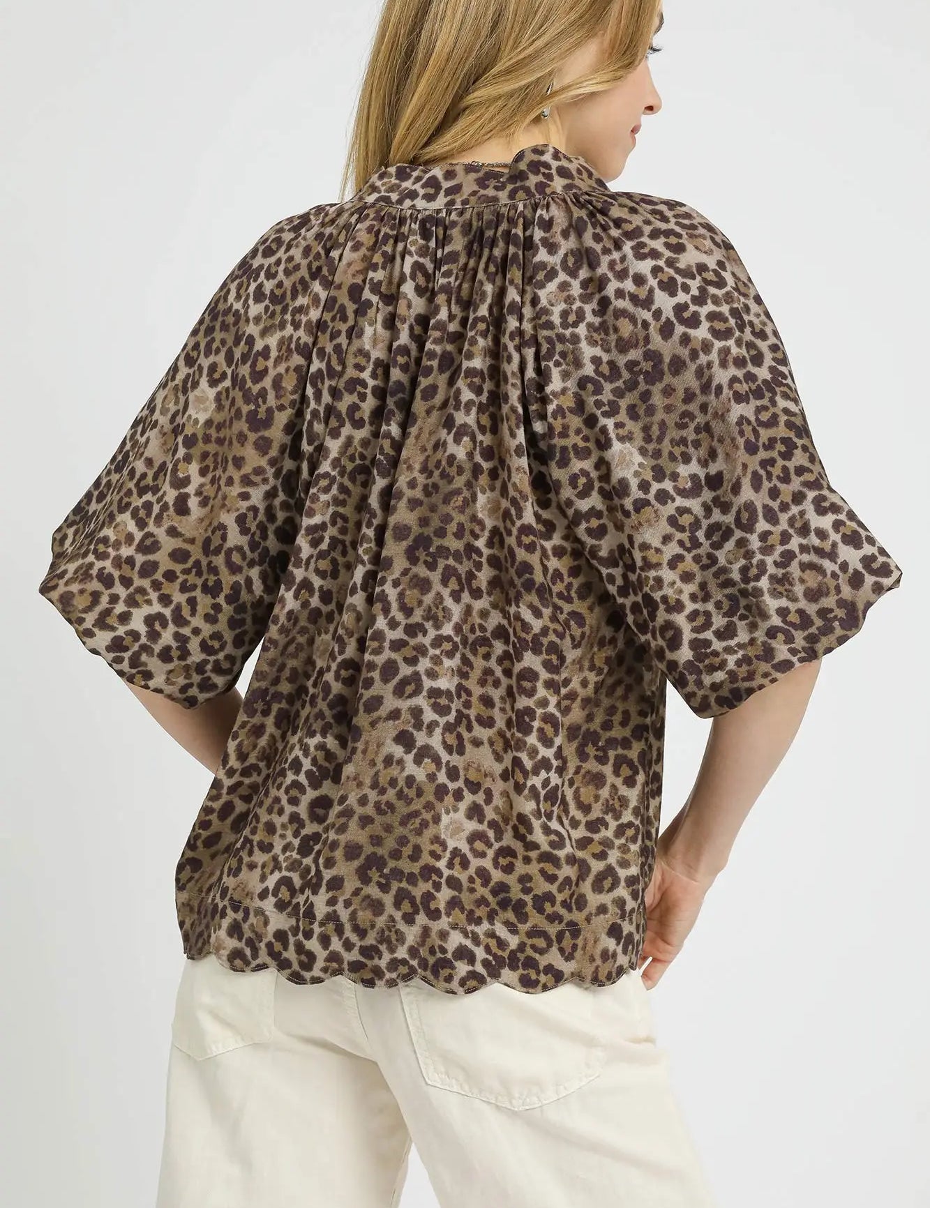 UMGEE Bubble Sleeve V Neck Animal Print Top-Olive on Simply Obsessed