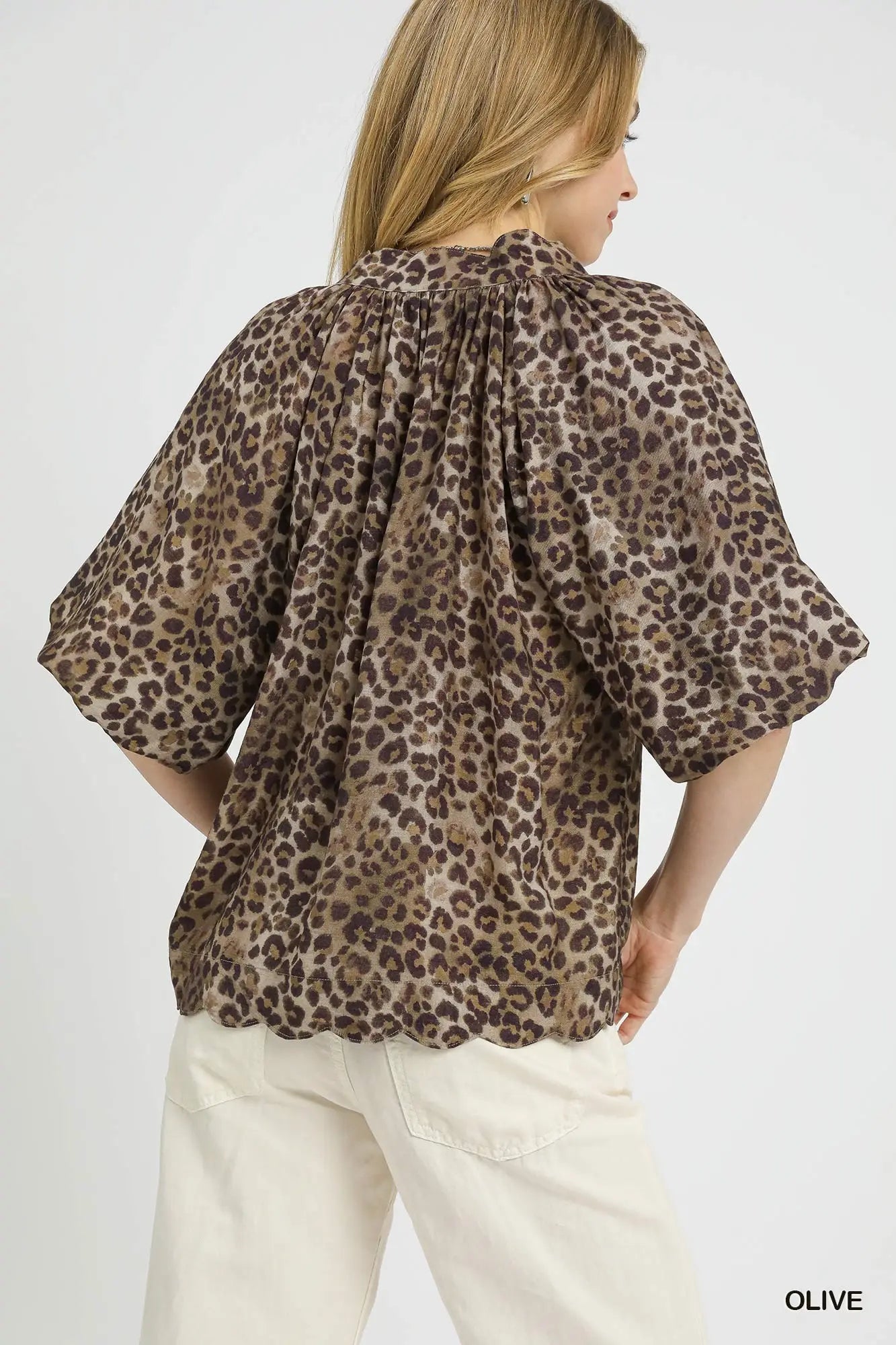 UMGEE Bubble Sleeve V Neck Animal Print Top-Olive on Simply Obsessed