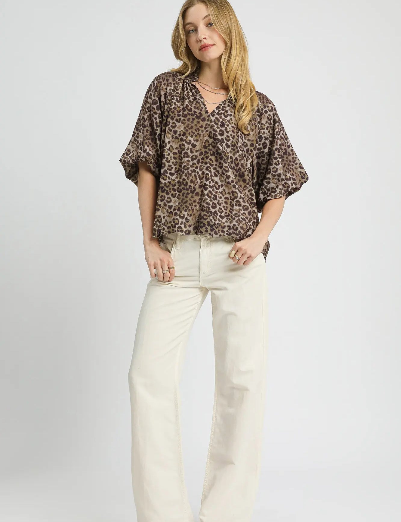 UMGEE Bubble Sleeve V Neck Animal Print Top-Olive on Simply Obsessed