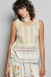 POL V-Neck Crochet Sweater Vest with Lace Trim on Simply Obsessed