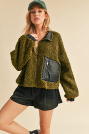 Aemi + Co Collared Neck Zip Up Sherpa Jacket on Simply Obsessed