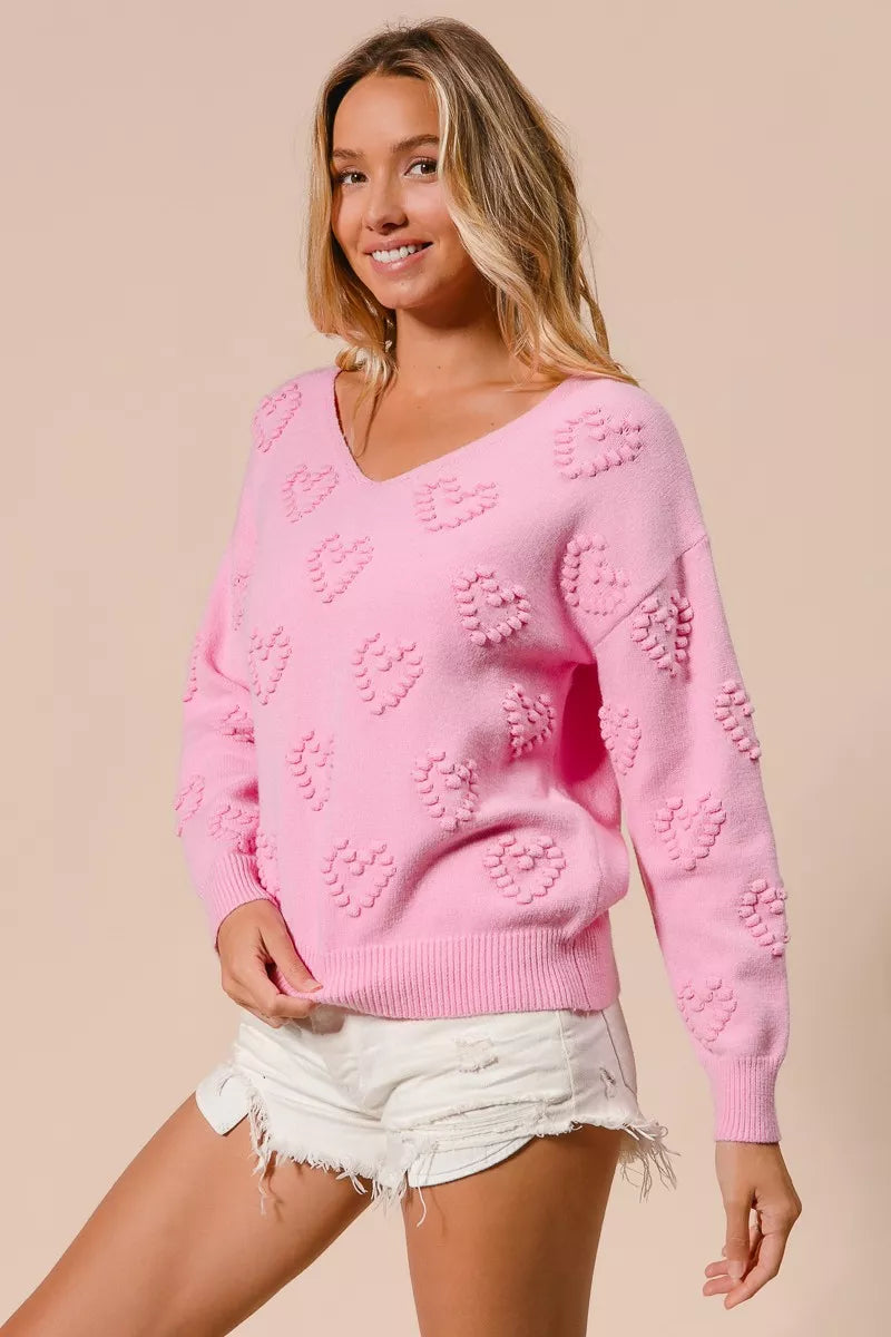 BiBi Valentines Heart Pompom V Neck Knit Top on Simply Obsessed
