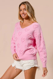 BiBi Valentines Heart Pompom V Neck Knit Top on Simply Obsessed