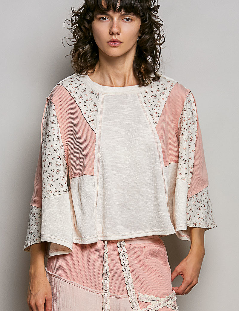 POL Exposed Seam Floral Patchwork Round Neck Textured Slub Knit Top on Simply Obsessed