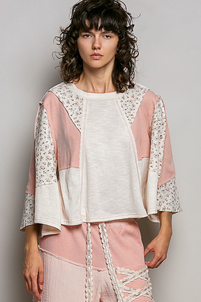 POL Exposed Seam Floral Patchwork Round Neck Textured Slub Knit Top on Simply Obsessed