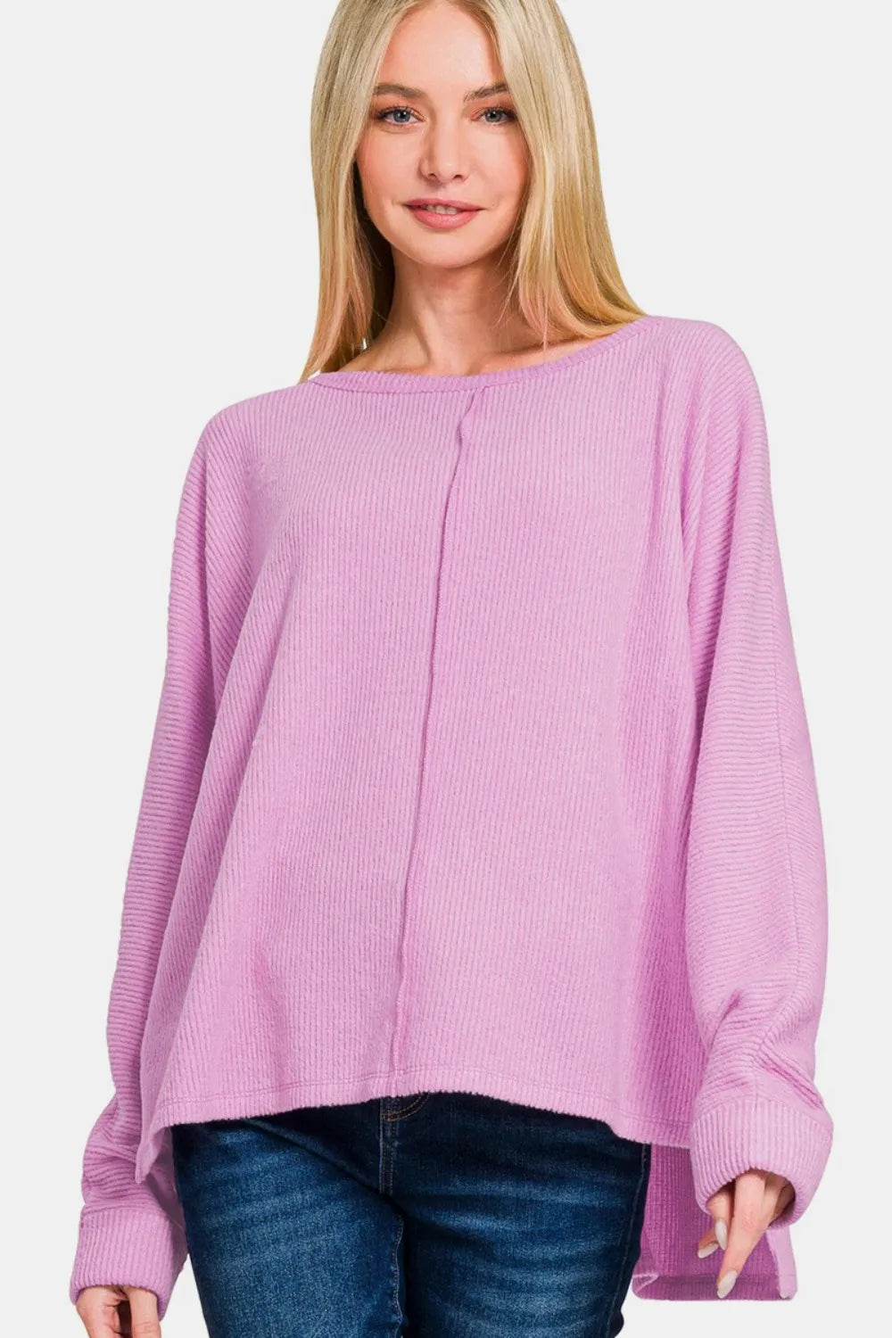 ZENANA High-Low Side Slit Round Neck T-Shirt on Simply Obsessed