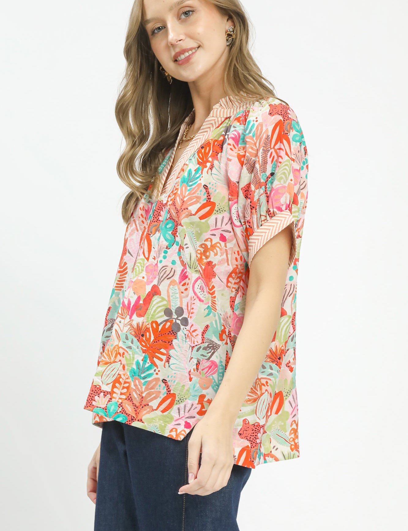 UMGEE Mix Boho Printed V-Neck Top on Simply Obsessed