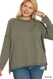 ZENANA Full Size Exposed Seam Long Sleeve Corded Rib Knit Top Plus Size on Simply Obsessed