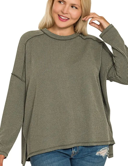 ZENANA Full Size Exposed Seam Long Sleeve Corded Rib Knit Top Plus Size on Simply Obsessed