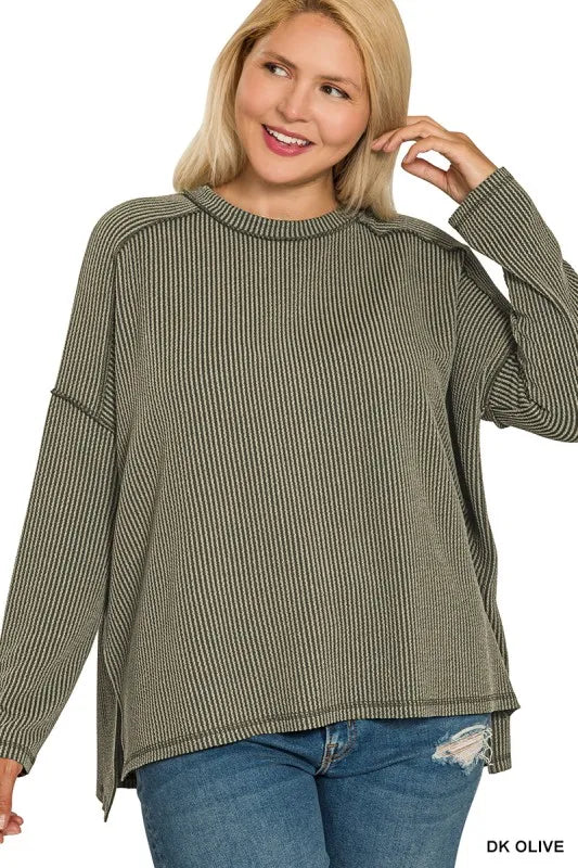 ZENANA Full Size Exposed Seam Long Sleeve Corded Rib Knit Top Plus Size on Simply Obsessed