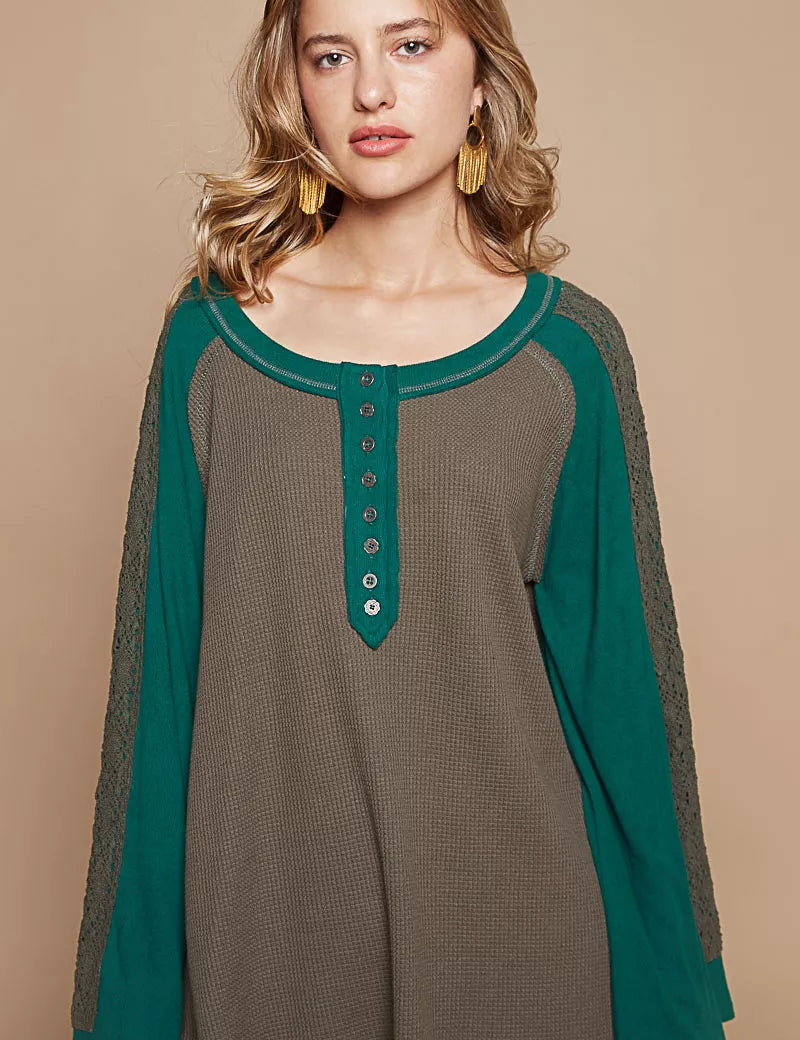 POL Scoop Neck Contrast Long Sleeve Top with Lace Detail on Simply Obsessed
