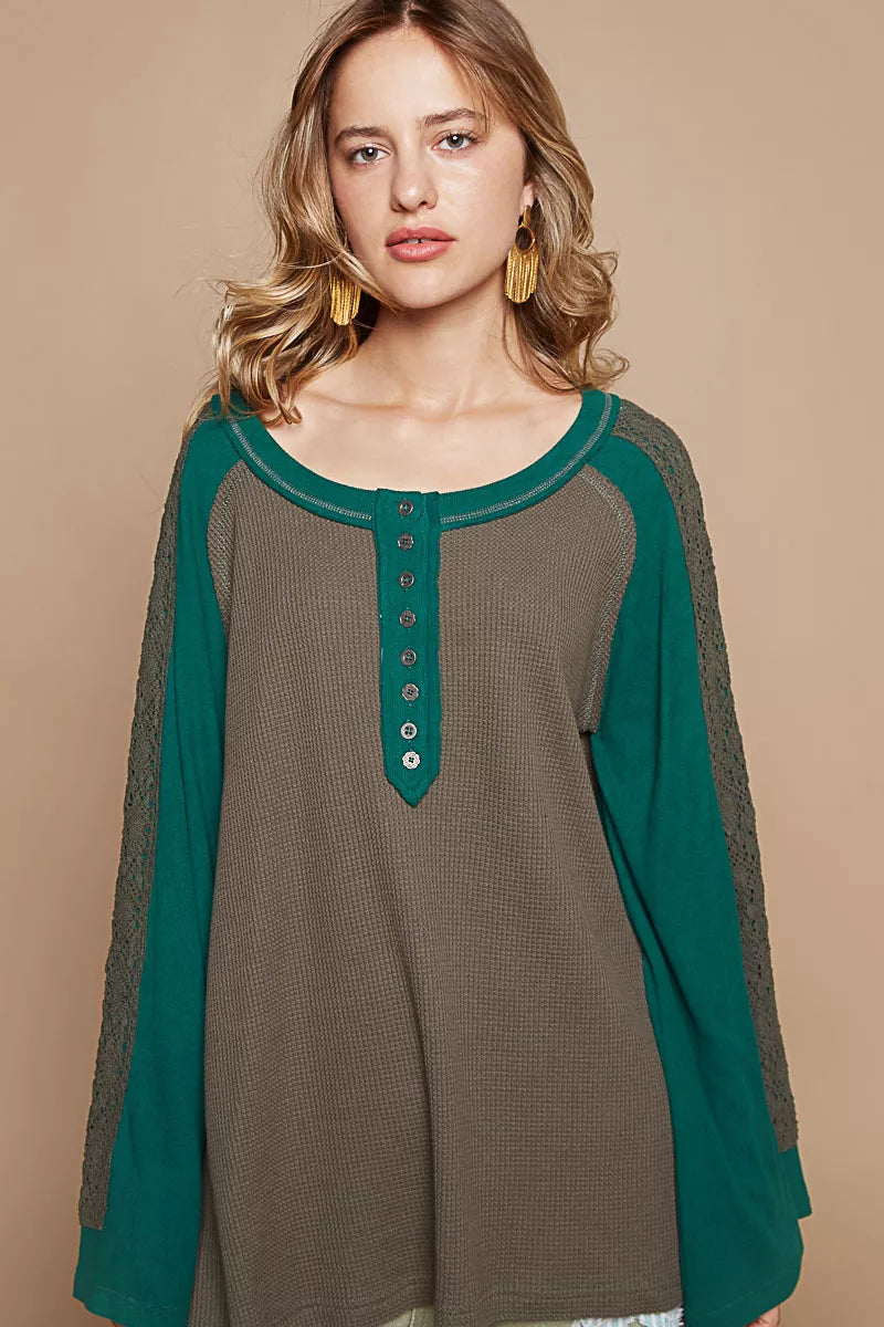 POL Scoop Neck Contrast Long Sleeve Top with Lace Detail on Simply Obsessed