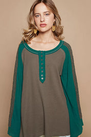 POL Scoop Neck Contrast Long Sleeve Top with Lace Detail on Simply Obsessed