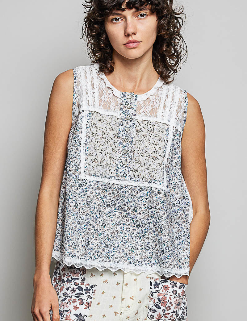 POL Printed Woven Lace Back Round Neck Sleeveless Top. **SALE** on Simply Obsessed