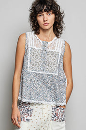 POL Printed Woven Lace Back Round Neck Sleeveless Top. **SALE** on Simply Obsessed