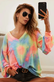 BiBi Tie Dye French Terry V Neck Top on Simply Obsessed