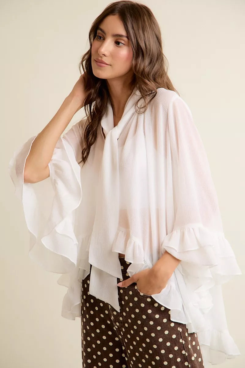 SO ME Sheer Ruffle Bell Sleeves Bow Tie Flowy Blouse Top on Simply Obsessed