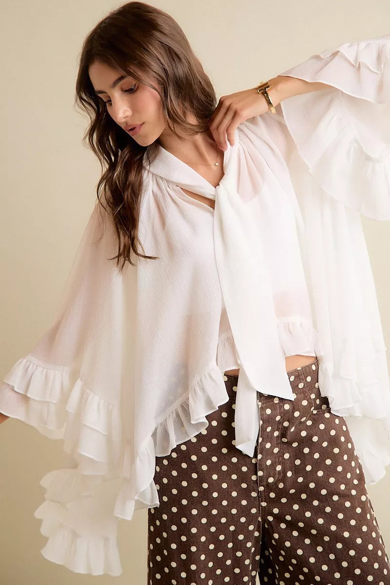 SO ME Sheer Ruffle Bell Sleeves Bow Tie Flowy Blouse Top on Simply Obsessed