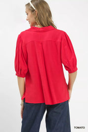 UMGEE Mixed Media V-Neck Print Blouse on Simply Obsessed