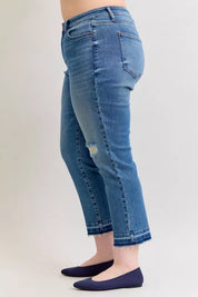 JUDY BLUE Full Size Mid Rise Bf Patch & Repair Destroy Release Hem Jeans Plus Size on Simply Obsessed