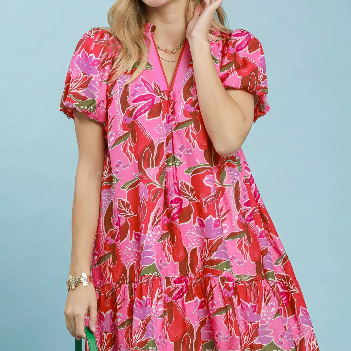 UMGEE Tropical Floral Puff Sleeve Tiered Mini Dress on Simply Obsessed