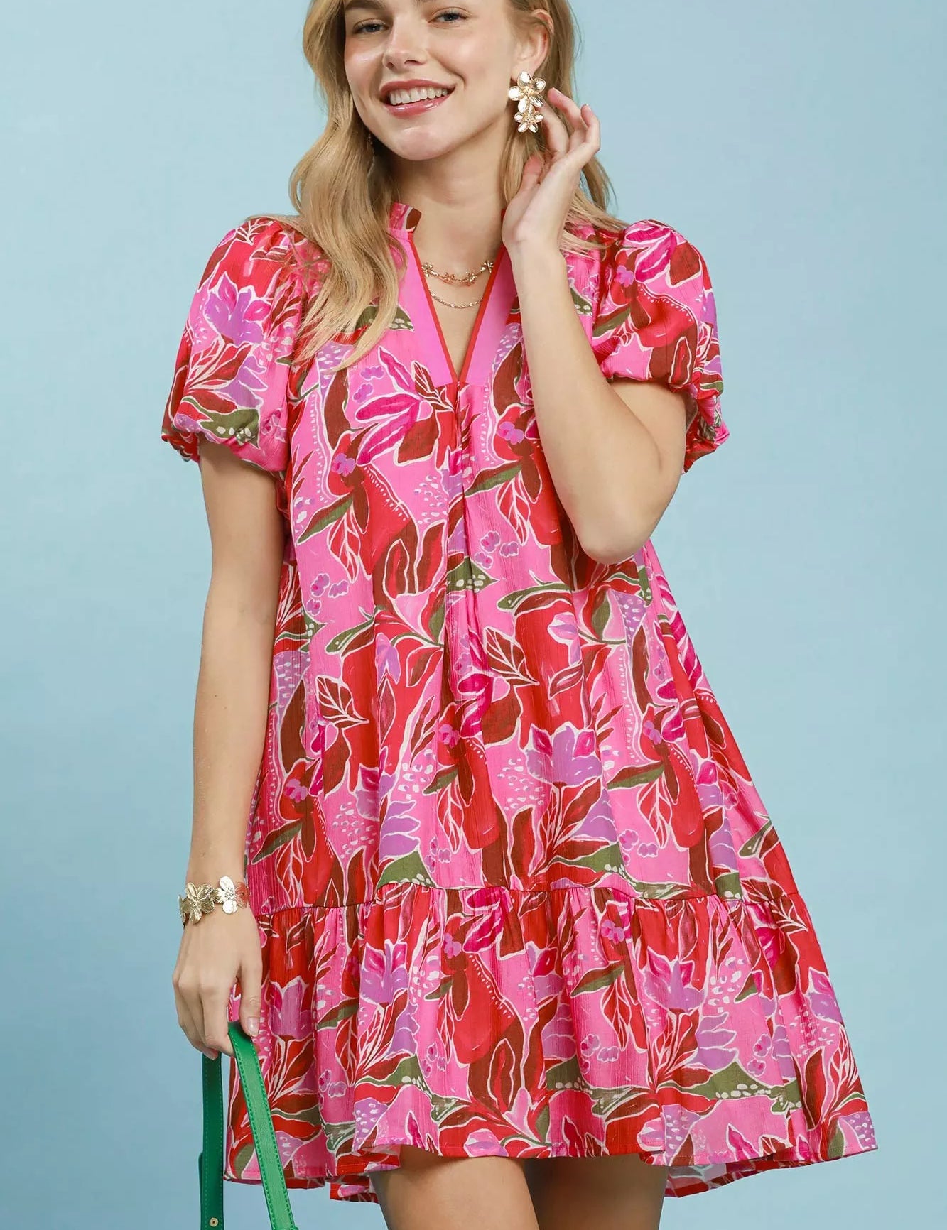 UMGEE Tropical Floral Puff Sleeve Tiered Mini Dress on Simply Obsessed