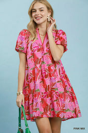 UMGEE Tropical Floral Puff Sleeve Tiered Mini Dress on Simply Obsessed