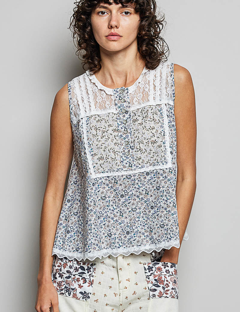 POL Printed Woven Lace Back Round Neck Sleeveless Top. **SALE** on Simply Obsessed