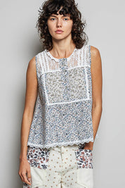 POL Printed Woven Lace Back Round Neck Sleeveless Top. **SALE** on Simply Obsessed