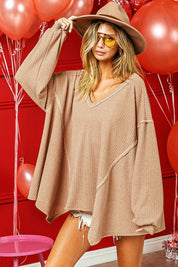 BiBi V-Neck Waffle Uneven Hem Top on Simply Obsessed