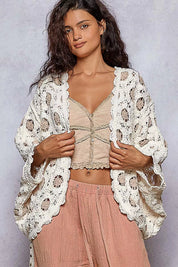 POL Openwork V-Neck Chenille Cardigan with Contrast Floral on Simply Obsessed