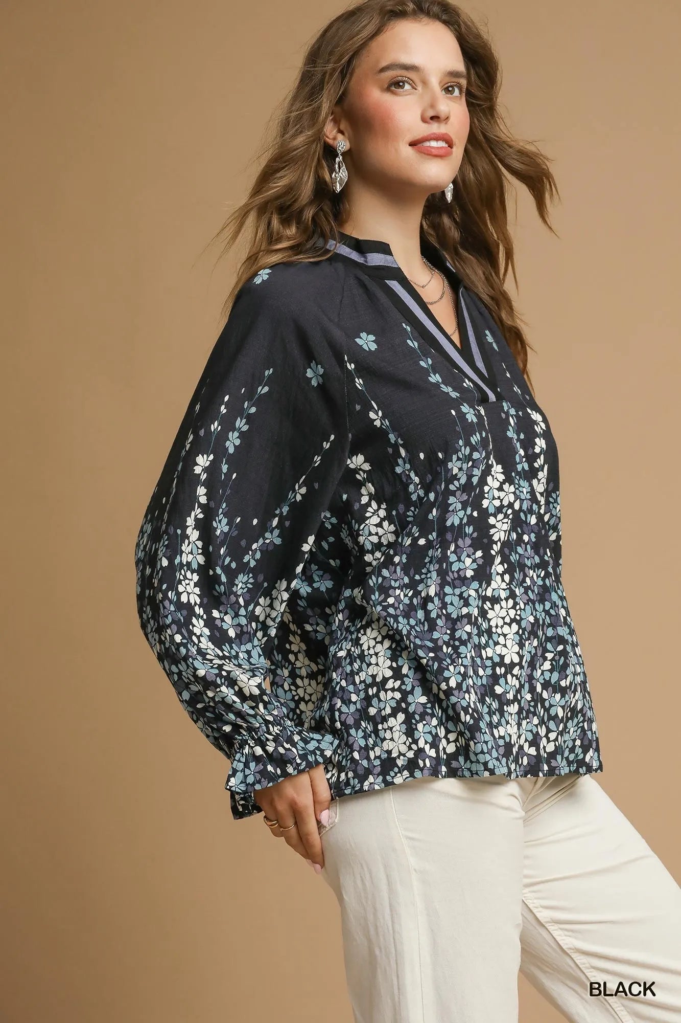 Umgee Full Size Floral Vine Print Blouse with Balloon Sleeves Plus Size on Simply Obsessed