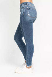 JUDY BLUE High Waist Skinny Jeans with Destroy & Shark Bit Hem on Simply Obsessed