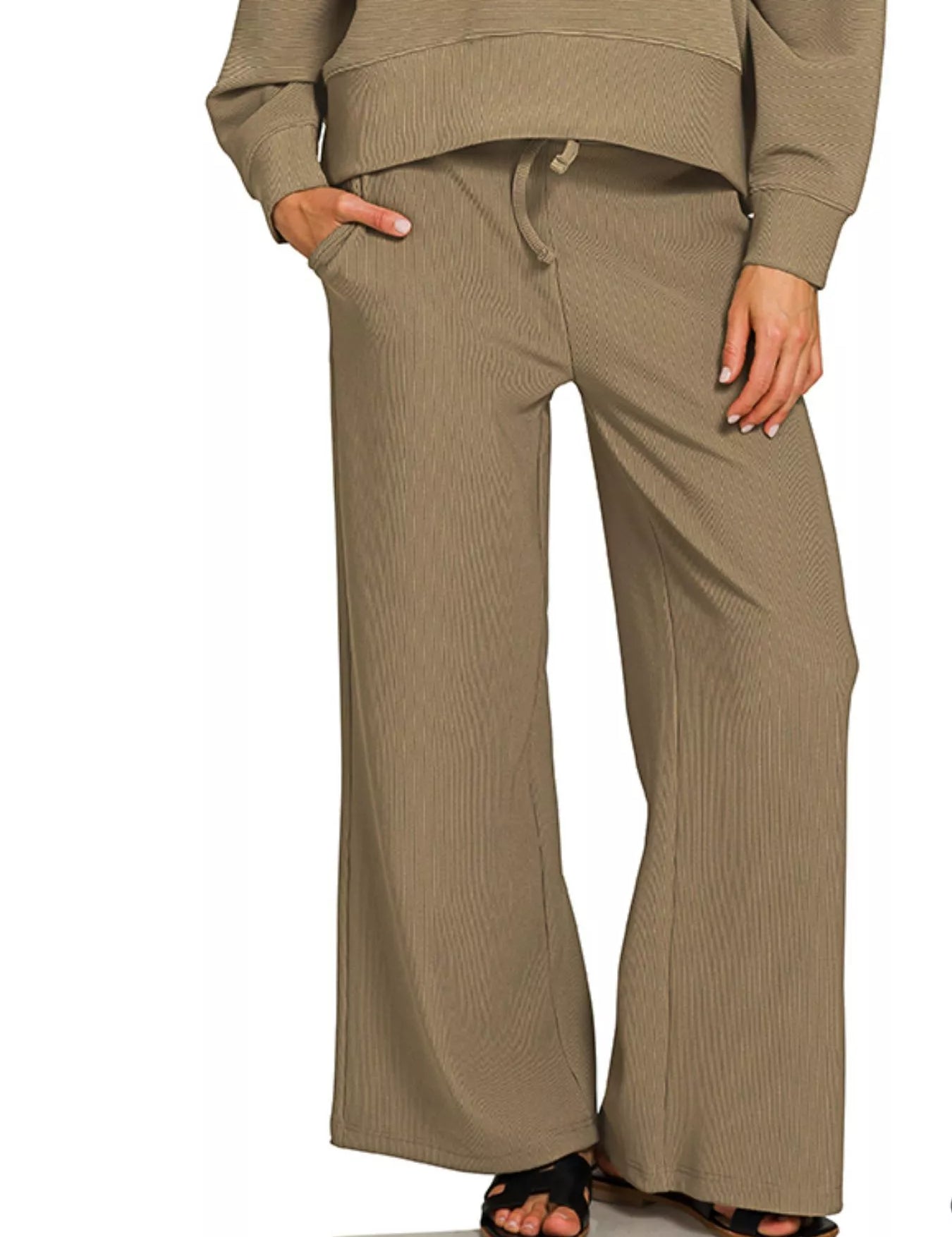 Zenana Ribbed Round Neck Pullover and Drawstring Pants Set on Simply Obsessed