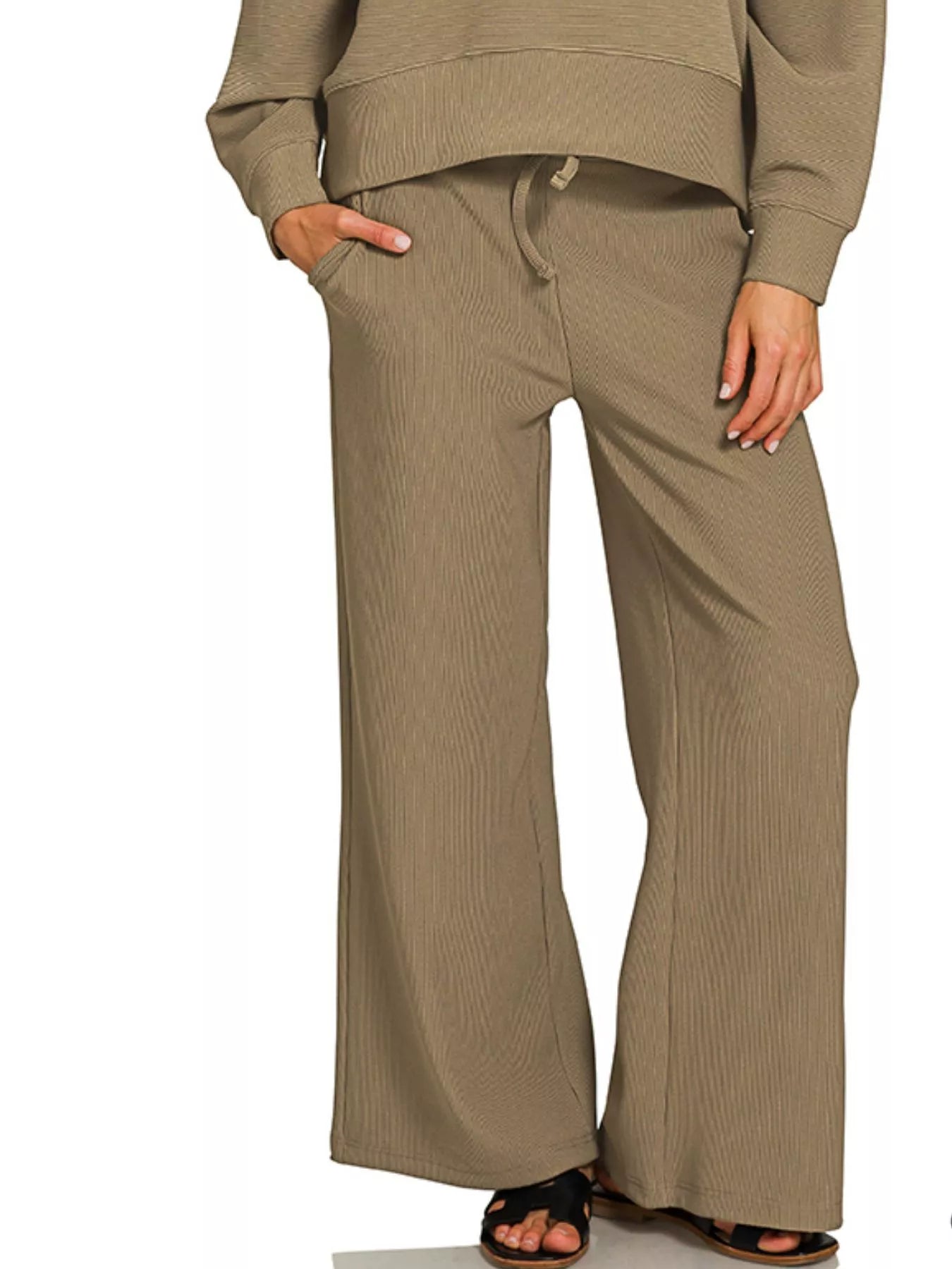 Zenana Ribbed Round Neck Pullover and Drawstring Pants Set on Simply Obsessed