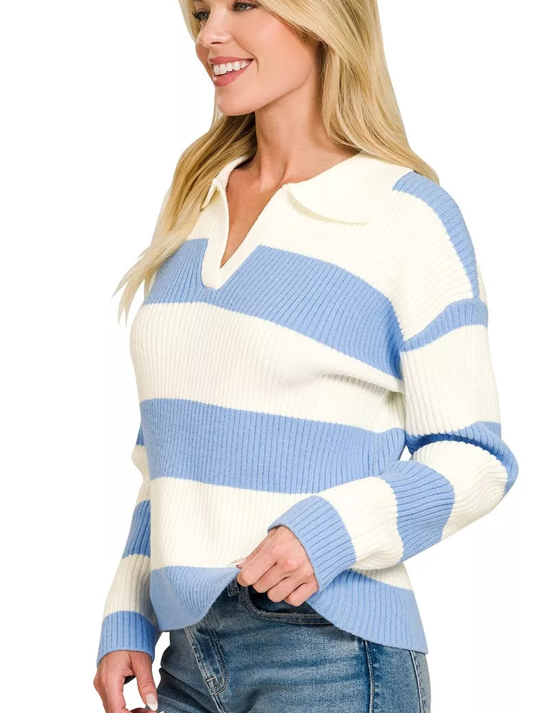 ZENANA Striped Collared Sweater on Simply Obsessed