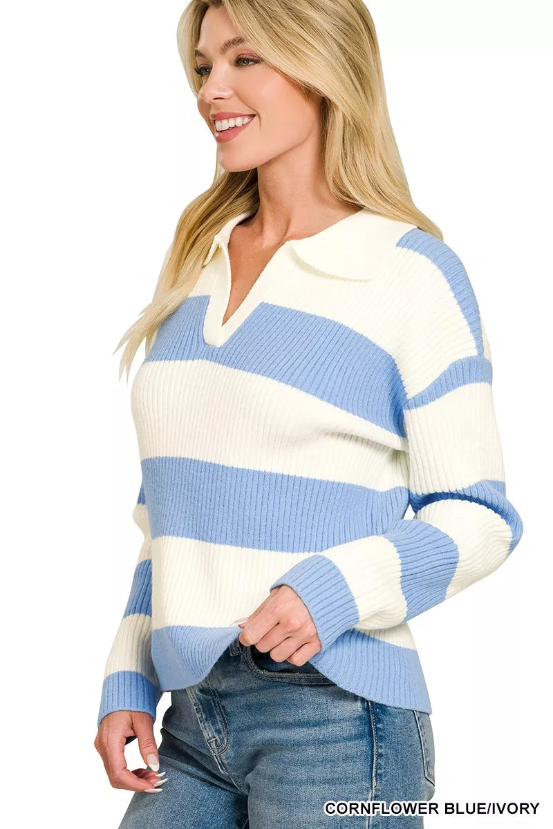 ZENANA Striped Collared Sweater on Simply Obsessed