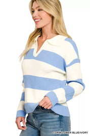 ZENANA Striped Collared Sweater on Simply Obsessed