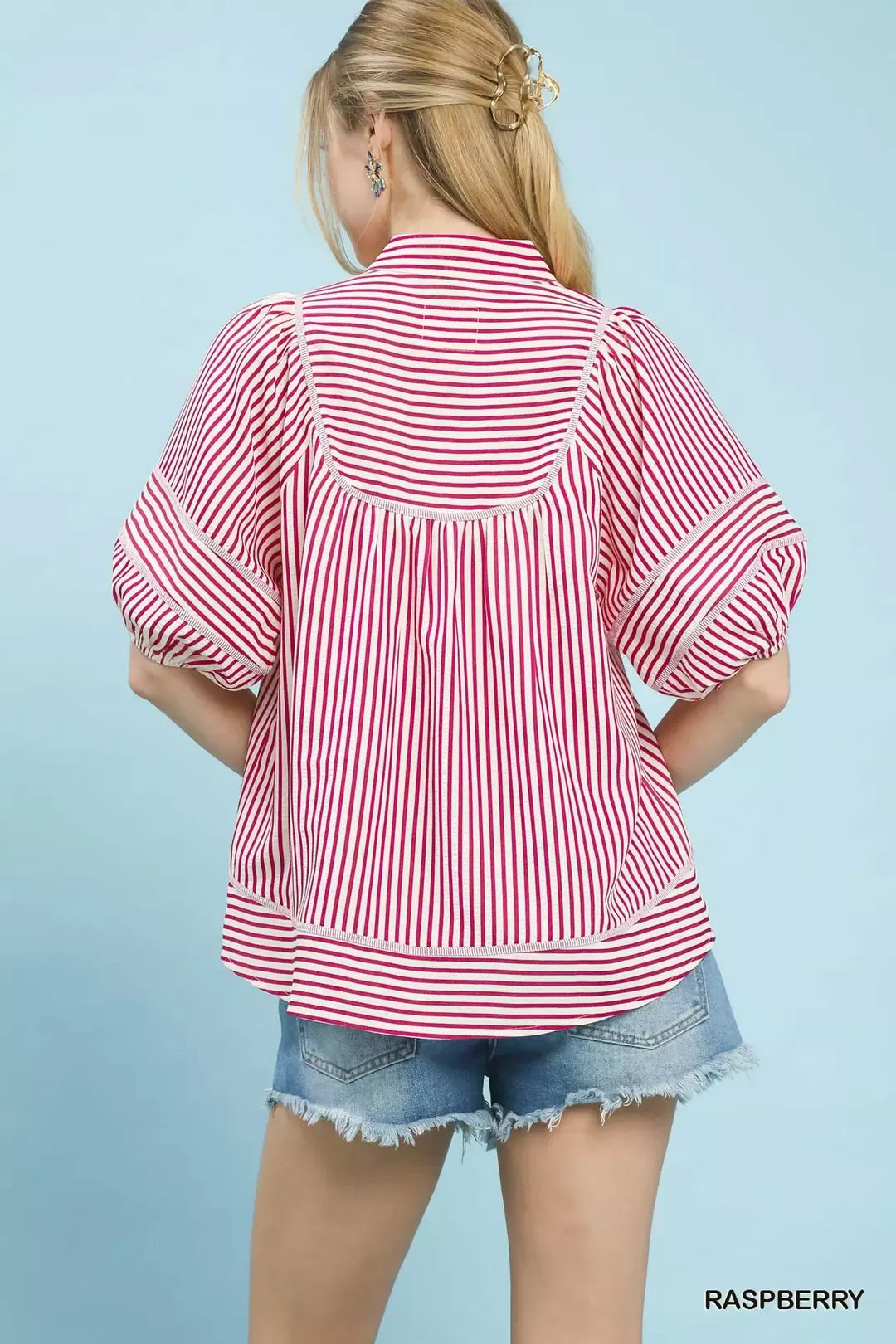 UMGEE Striped Puff Sleeve Babydoll Top on Simply Obsessed